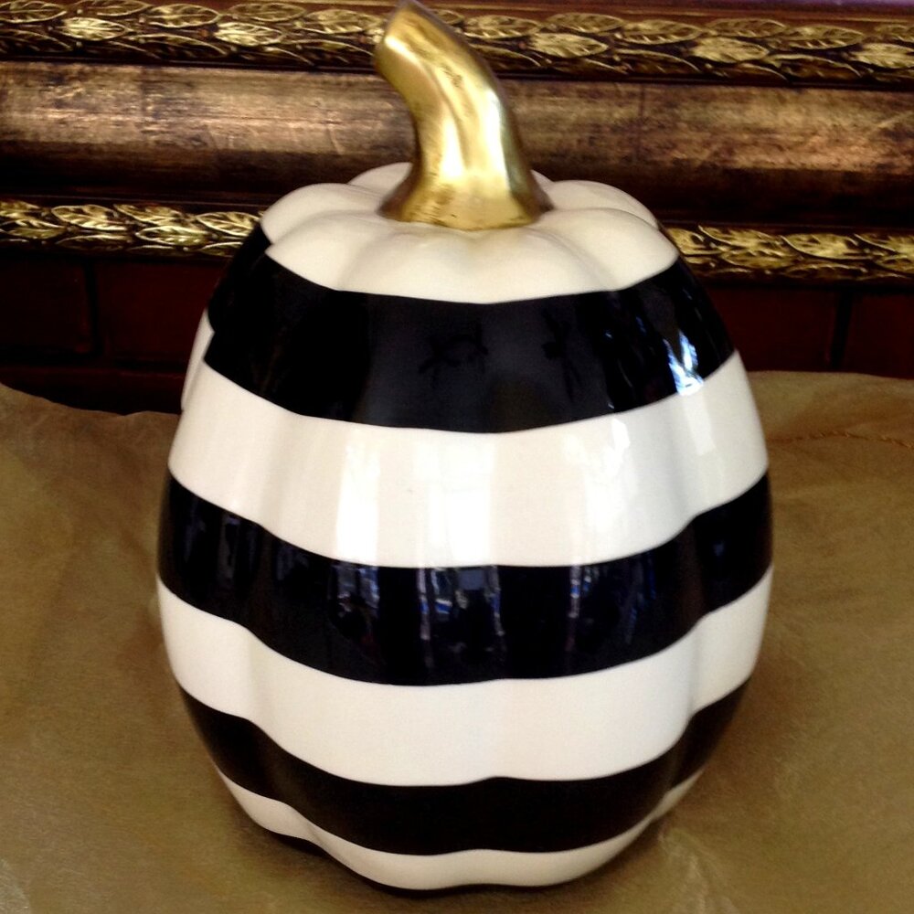 Beautiful Ceramic Black & White Stripe Pumpkin with a Gold Stem